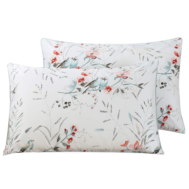 WINLIFE 100% Cotton Pillowcases Garden Floral Birds Printed on White Pillow Cases Set of 2 Pillow Cover (Queen 20x30'', Birds Floral) - Image 1